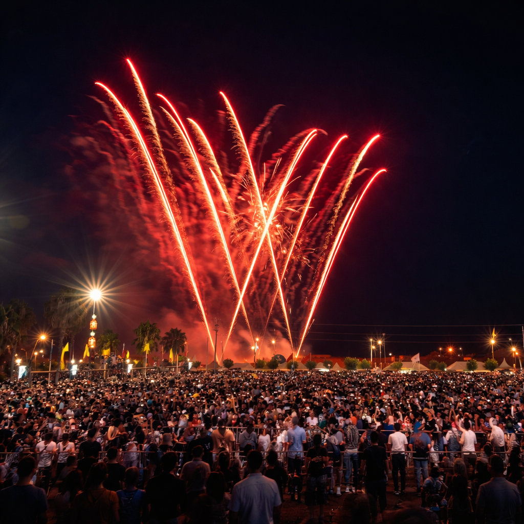 Feu d'artifice rouge au-dessus d'une immense foule lors d'un événement culturel au Maroc
