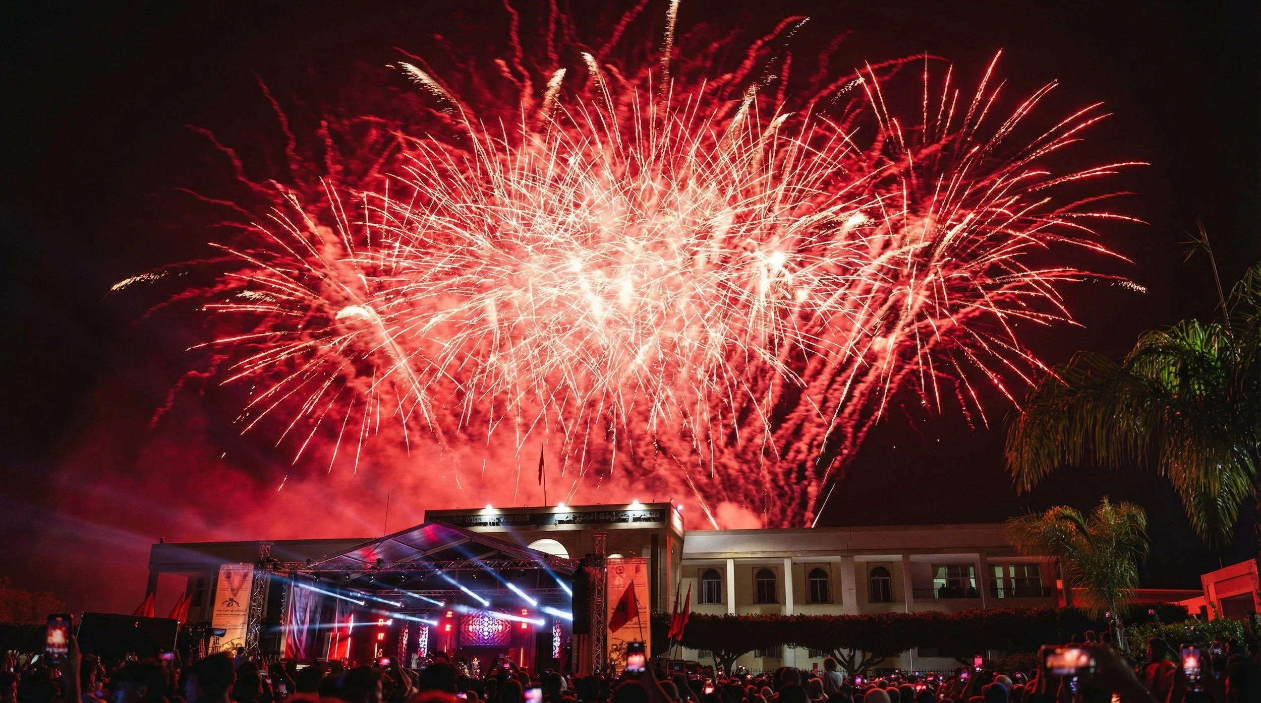 Feu d'artifice rose et rouge au-dessus d'un palais marocain