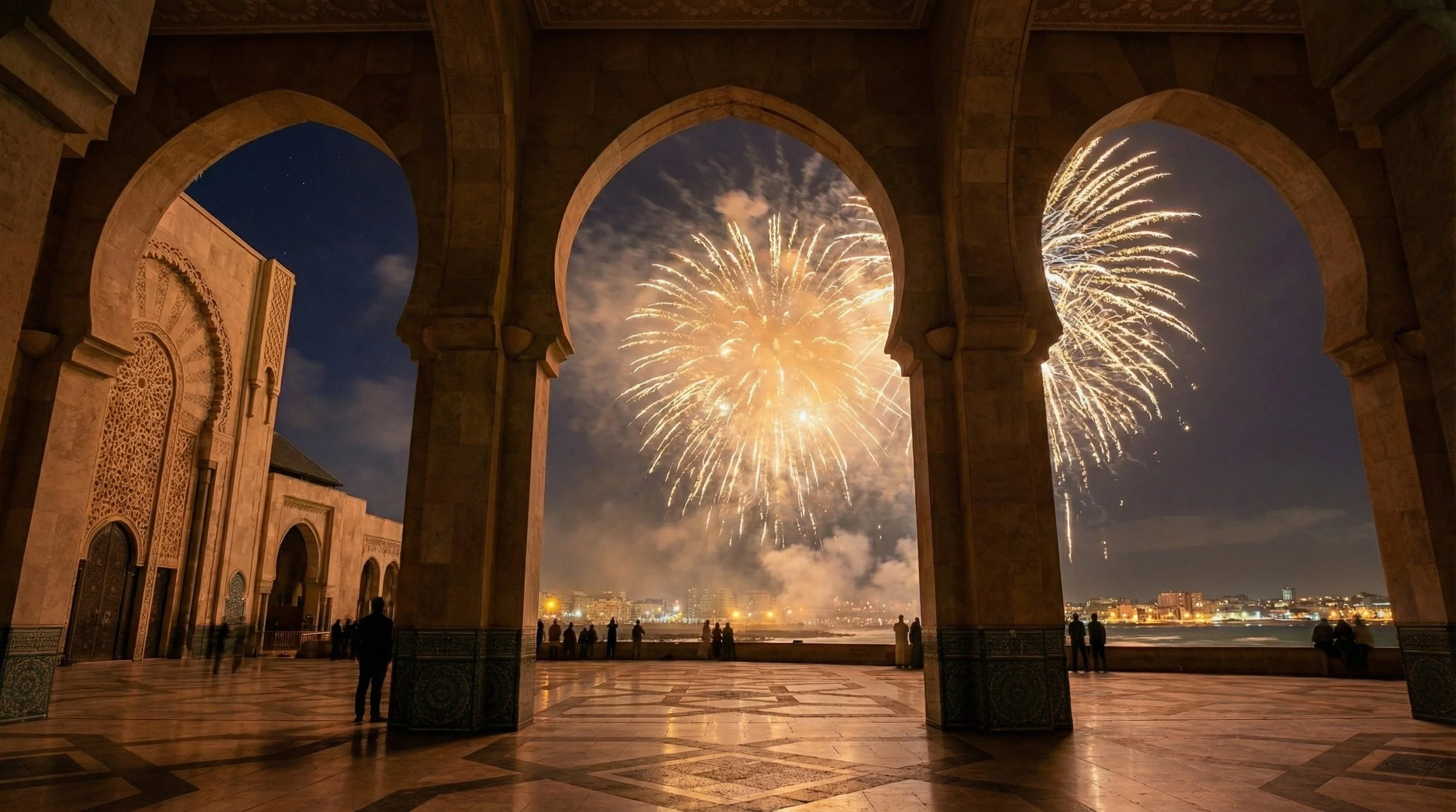 Feux d'artifice blancs et dorés au-dessus de la mosquée Hassan II, Casablanca