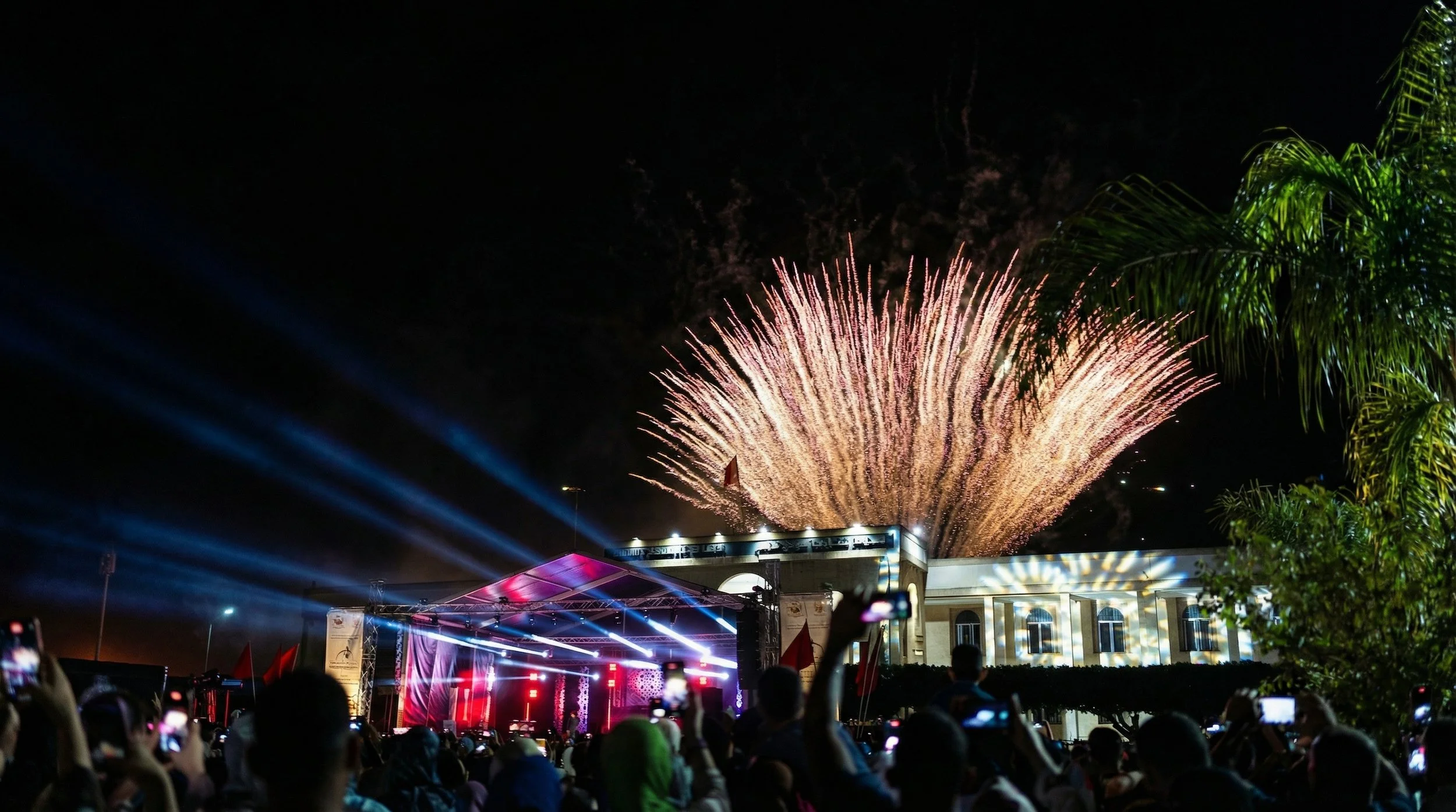 Feu d'artifice illuminant le ciel nocturne au-dessus des spectateurs d'un événement en plein air