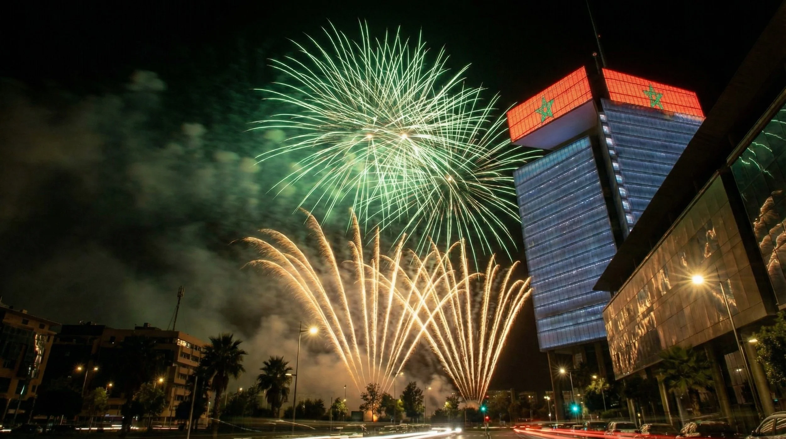 Séquence pyrotechnique vue depuis la rue, inauguration du siège Maroc Telecom à Hay Ryad, Rabat